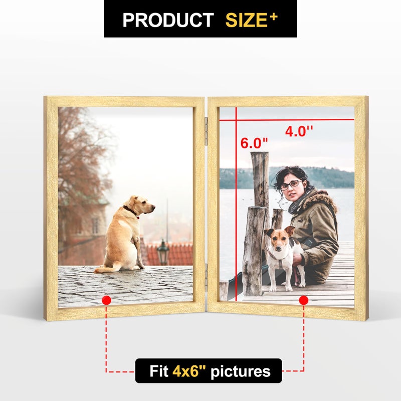 Forev 4x6 Double Picture Frame Wooden Hinged Photo Frame Definition Glass Stand Vertically on Desktop or Tabletop Gold - Image 3